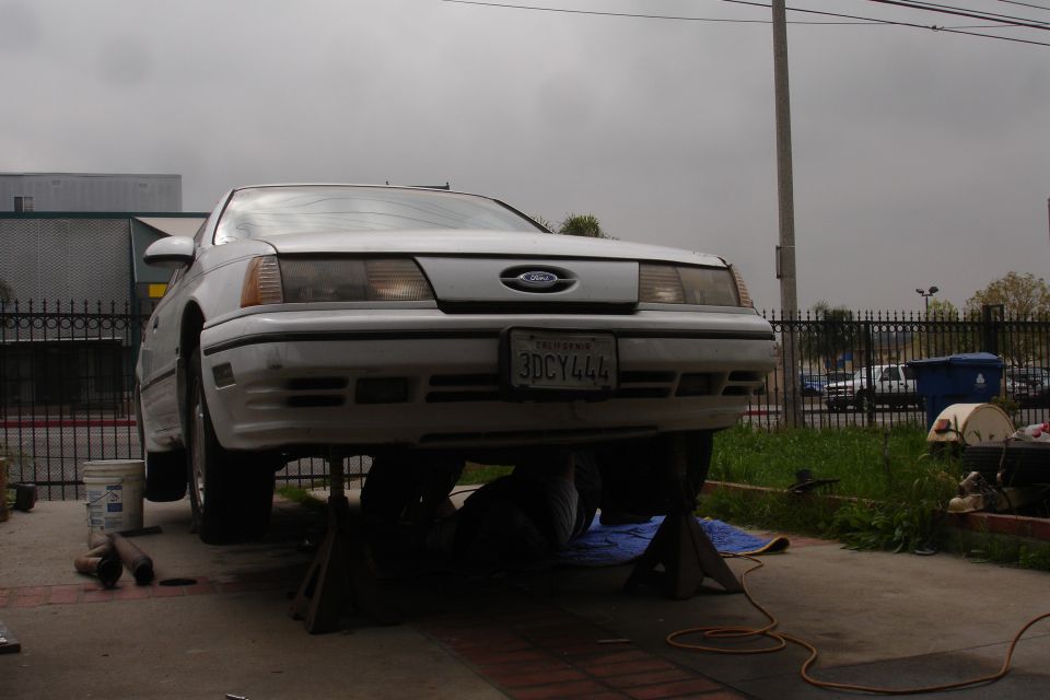 White Ford Taurus on jack stands, front view. License plate 3DCY444