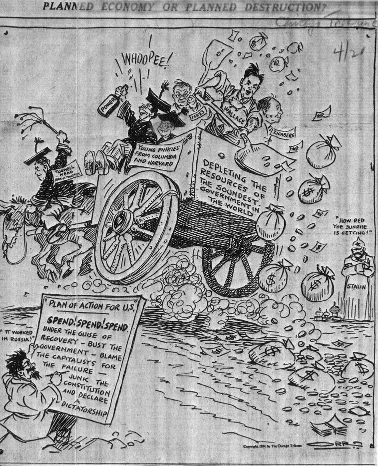 Political cartoon depicting a cart labeled 'Depleting the resources of the soundest government in the world' being pulled by figures labeled 'Young Pinkies from Columbia and Harvard' and pushed by others labeled 'Fakes', 'Wallace', and 'Rommers'. Money...