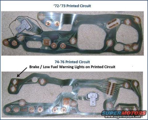 1972 Ford Ranchero - Comparison of printed circuit boards for 1972-1973 and 1974-1976 vehicle instrument clusters.