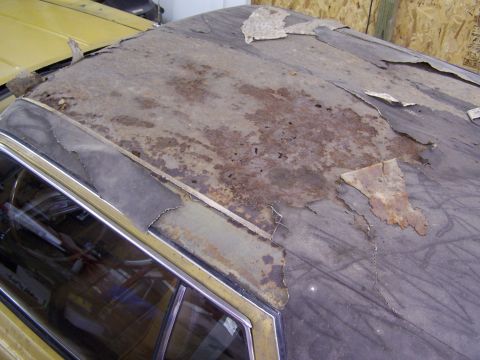 1972 Ford Mustang - Birdseye view of the roof damage. The metal is a little thin over the driver's seat, but we plan on using epoxy sheet filler to build it up…