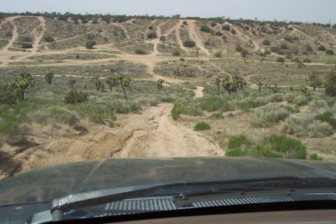 1995 Ford Bronco - View from inside a vehicle driving on an offroad trail in a desert landscape.