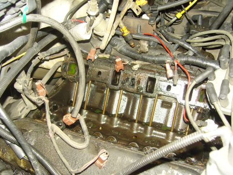 2007 Ford Mustang - Close-up view of an engine's intake manifold, showing fuel injectors and associated wiring, likely during a repair or maintenance procedure.