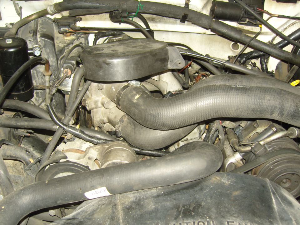 Engine bay with hoses, wires, and engine components visible