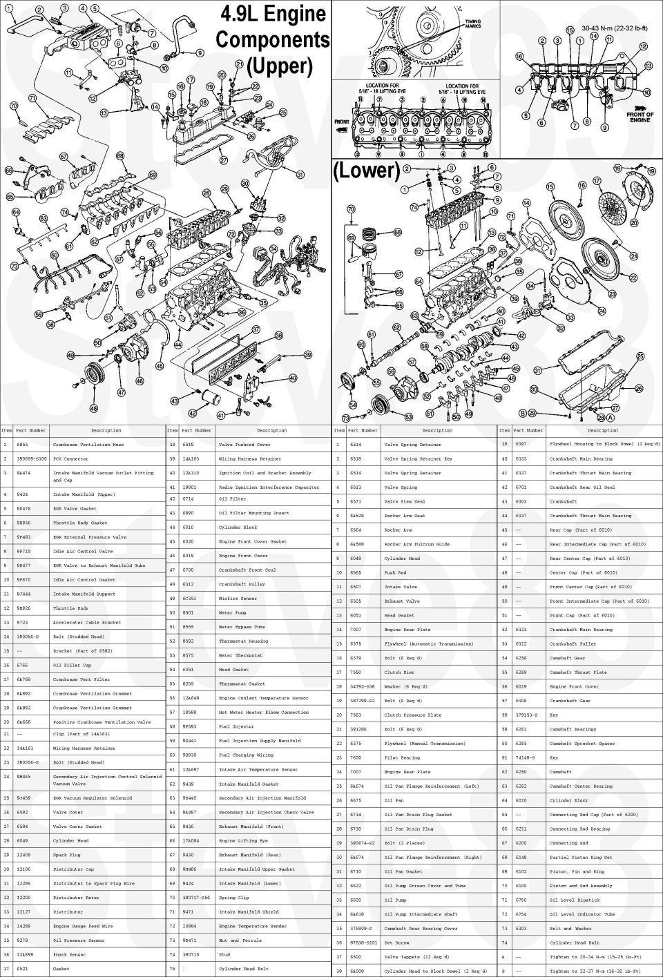Ford 4.9L inline-six engine exploded parts diagram, upper and lower components with part numbers