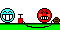1990 Ford Bronco - A whimsical pixel art scene depicts two cartoon characters, one with a joyful expression and the other with an angry one, alongside a red p…