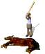 1990 Ford Bronco - A person stands atop a bear, wielding a stick against a black background.