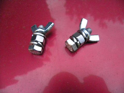 1995 Ford Bronco - Close-up of two wing nuts and bolts on a red metallic surface.