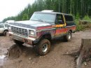 1978 Ford Bronco - This 1978 Ford Bronco is parked on a dirt road with trees and stumps surrounding it.