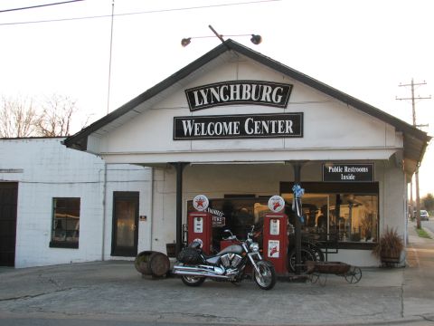 2006 Victory Kingpin - A motorcycle is parked at the Lynchburg Welcome Center, with vintage gas pumps visible.