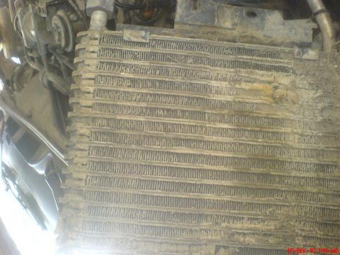 1998 Ford Crown Victoria - A close-up view of a dirty car A/C evaporator with bent fins.