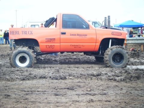 2000 Dodge 1500 - This modified truck is designed for mud bogging, with oversized tires and lifted suspension.