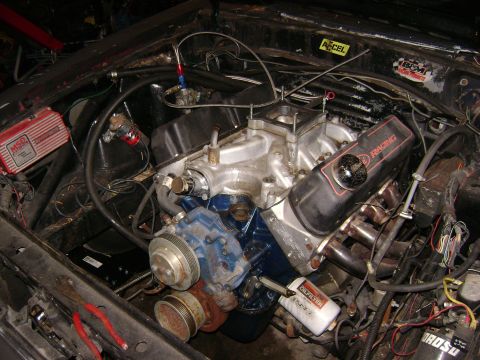 1981 Ford Mustang - Engine bay view a V8 engine with aftermarket performance parts including an MSD ignition box and racing valve covers.