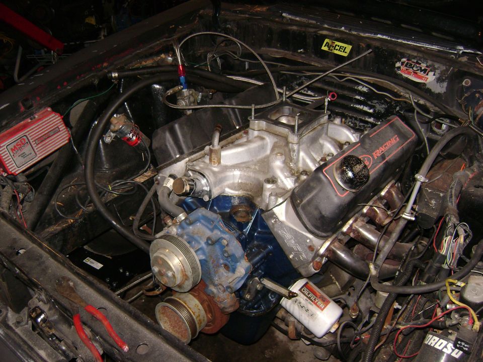 Engine bay with V8 engine, MSD ignition, and racing valve covers