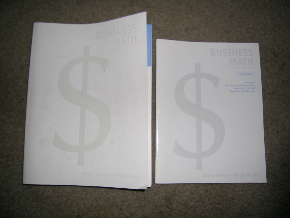 Two white books with dollar signs and 'BUSINESS MATH' text on them