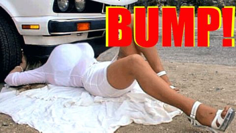 1989 Ford Bronco - A woman in a white dress is on the ground near a vehicle, with a text overlay indicating a bump or impact.