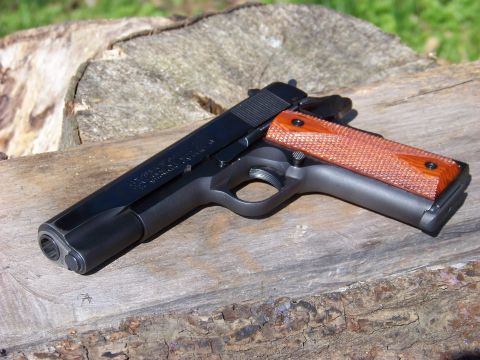 1995 Mercury Grand Marquis - A black semi-automatic pistol with textured wooden grips is displayed on a weathered log outdoors.