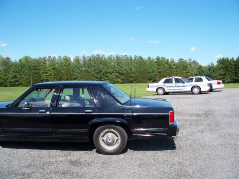1971 Ford Ranchero - Two police cars are parked behind a black sedan on a sunny day.