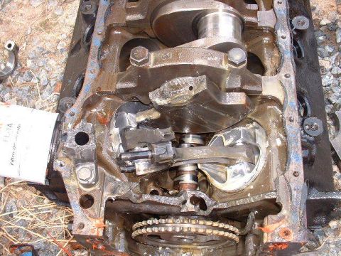 1972 Ford Ranchero - Engine block with internal damage, including a broken crankshaft and connecting rods.