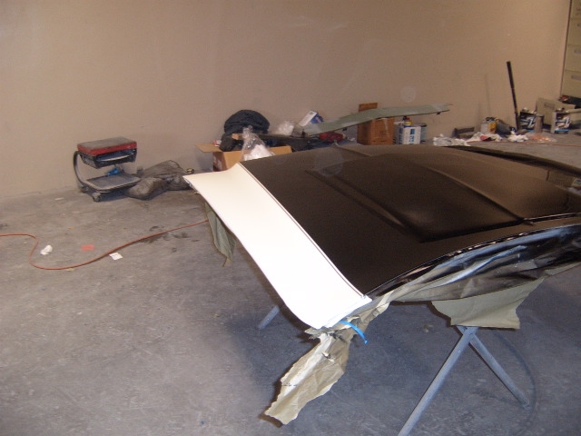 Black hood with white stripe, partially painted