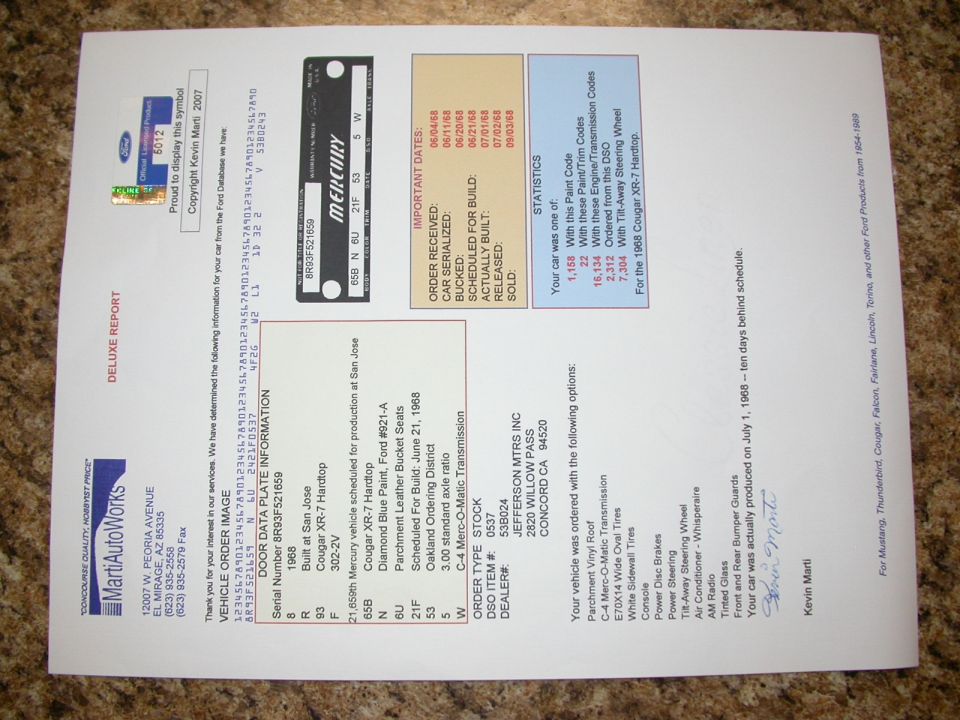 Marti AutoWorks Deluxe Report for a 1968 Mercury Cougar XR-7 Hardtop