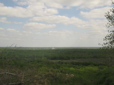 wide view of green trees and sky with distant white structures