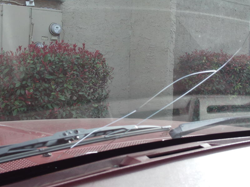 View from inside a vehicle showing windshield wipers and a cracked windshield. Bushes and a building are visible through the glass