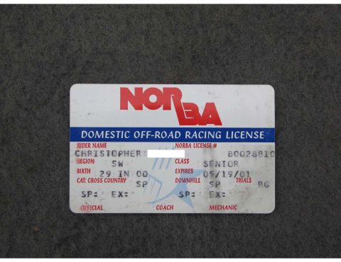 1986 Ford Bronco - This NORBA Domestic Off-Road Racing License shows rider Christopher with an expiration date of May 19, 2001.