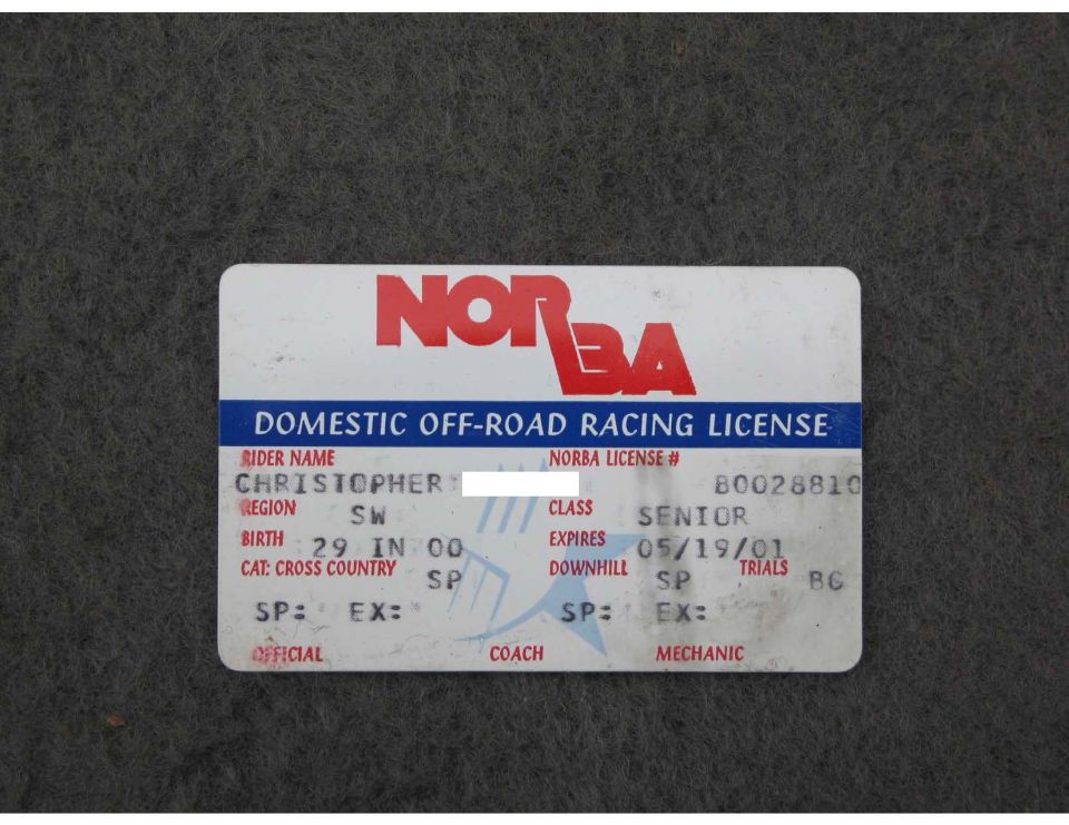 NORBA Domestic Off-Road Racing License with rider name Christopher and expiration date 05/19/01