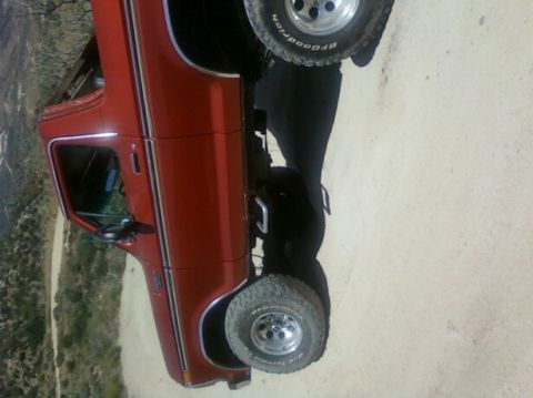 1978 Ford Bronco - A red pickup truck is parked on a dirt road with vegetation in the background.