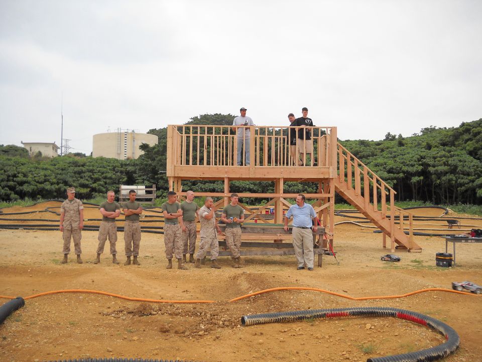 Remote control car track with observation deck and people