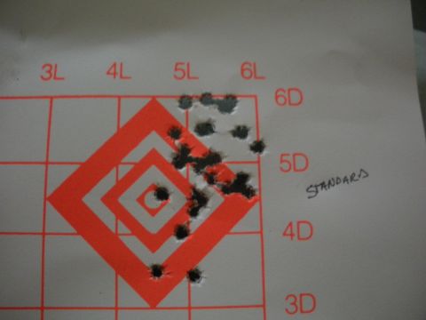 1996 Ford Bronco - A target shows a grouping of bullet holes, with grid lines and labels indicating shot placement.