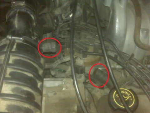 1994 Ford F-150 - Engine bay components including hoses, wires, and two circled parts are visible in this close-up view.