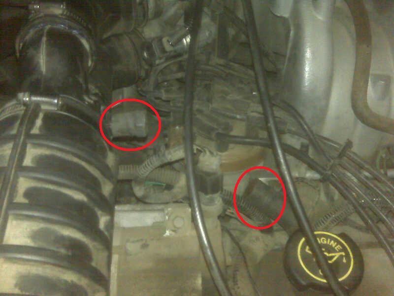 Close-up of engine bay with hoses, wires, and two circled components