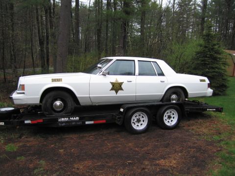 1991 Ford LTD Crown Victoria - A white sedan, marked as 'SHERIFF', is transported on a trailer, set against a backdrop of trees.