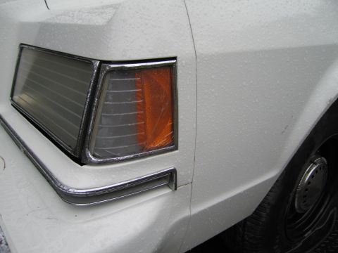 1991 Ford LTD Crown Victoria - Close-up of a white car's rear tail light assembly and fender, showing water droplets on the surface.
