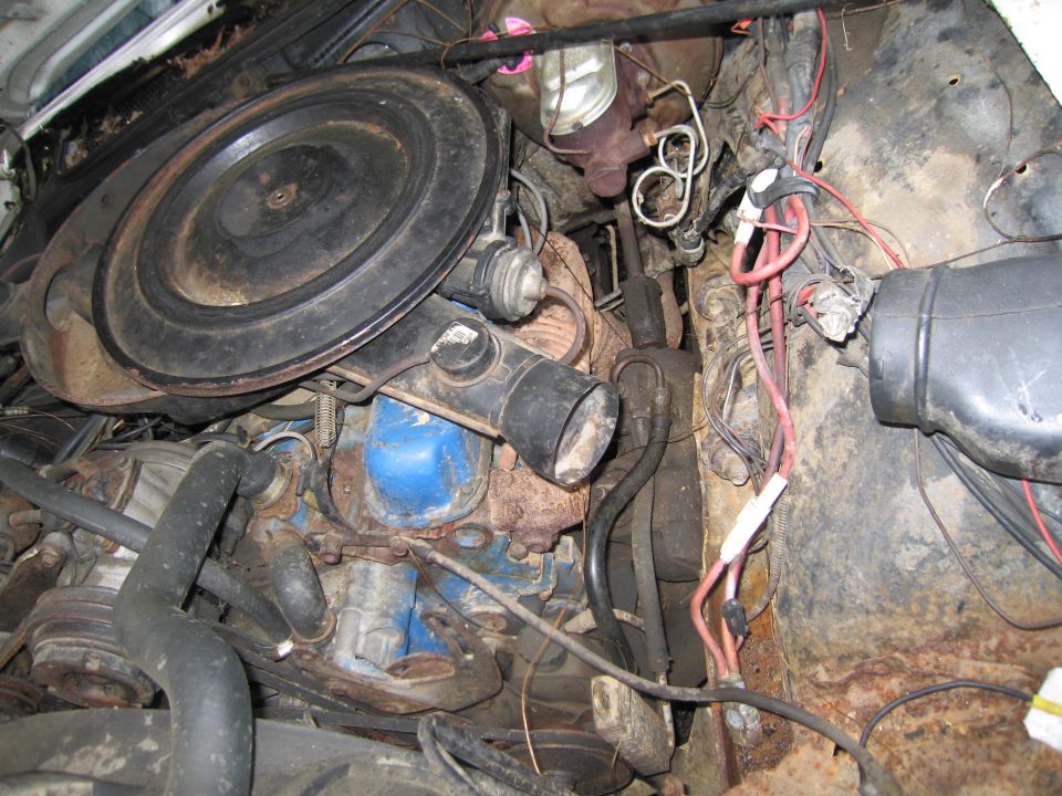Engine bay with air cleaner and blue engine block