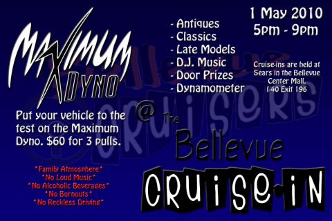 2007 Ford Mustang - Promotional flyer advertising the Bellevue Cruise-In car show with dyno pulls, prizes and event details.