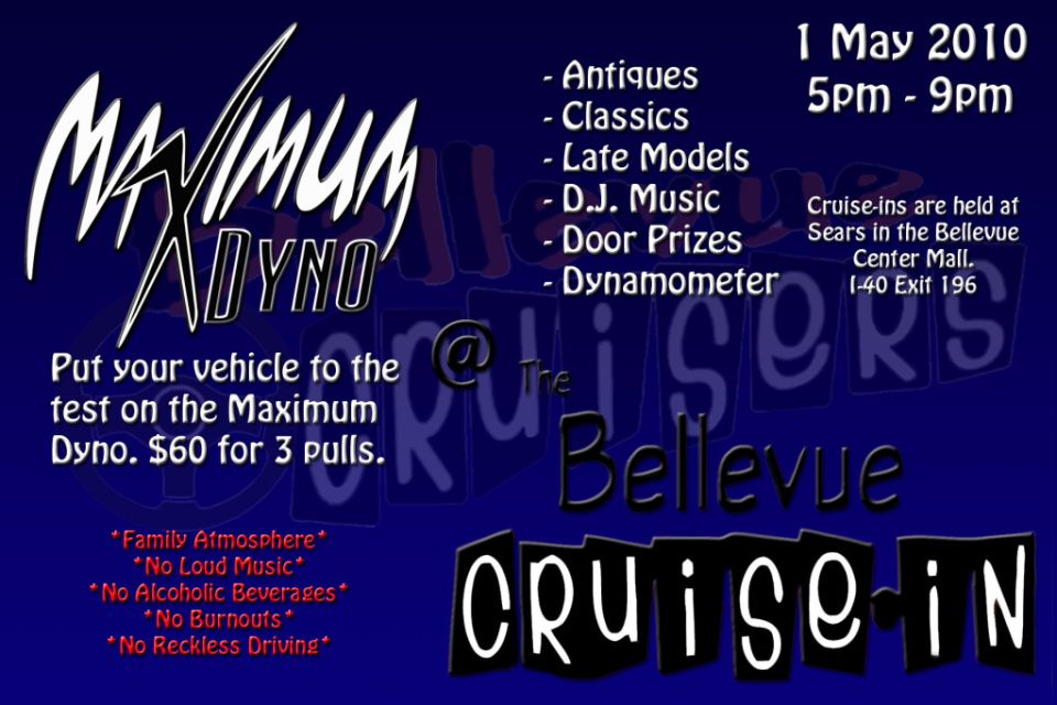 Event flyer for the Bellevue Cruise-In car show with date, time and activities