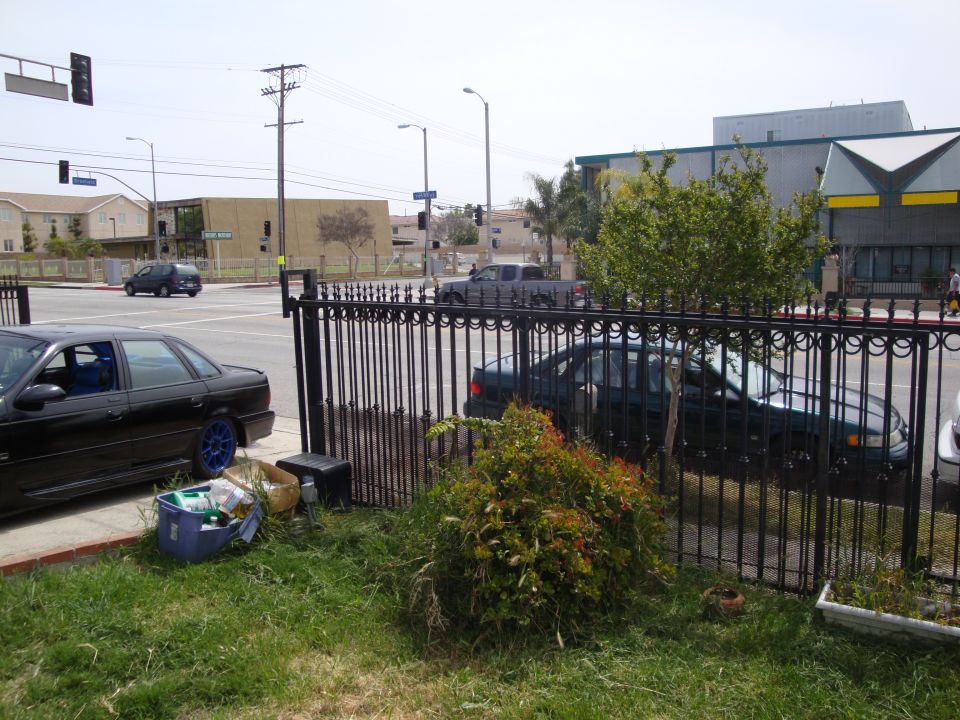 Black 1995 Ford Taurus sedan with blue rims parked on a street
