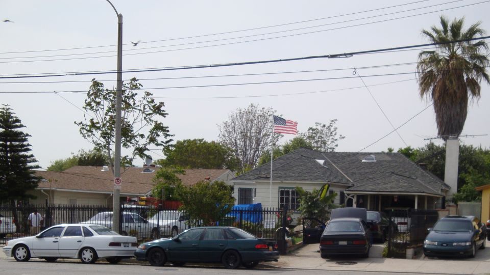 Street view with several parked cars, houses, an American flag, and a palm tree