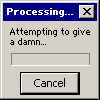 1990 Ford Bronco - A dialog box displays the message 'Attempting to give a damn...' with a progress bar and a Cancel button.