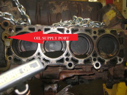 1999 Ford Crown Victoria - Close-up view of an engine block, highlighting the oil supply port with a red arrow and text.