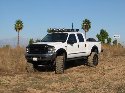 2000 Ford F-250 - This lifted pickup truck is parked in a dry, grassy area with palm trees and mountains in the background.