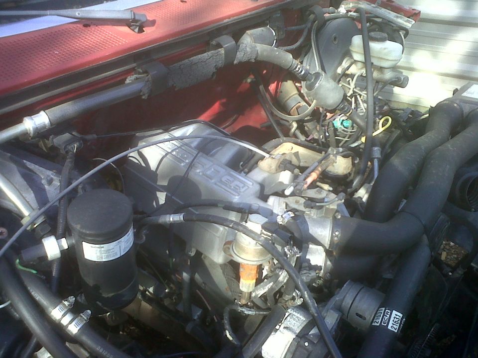 Engine bay with visible hoses and engine components