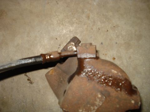 1979 Ford Bronco - Close-up of a rusty brake caliper and hose, likely needing replacement.