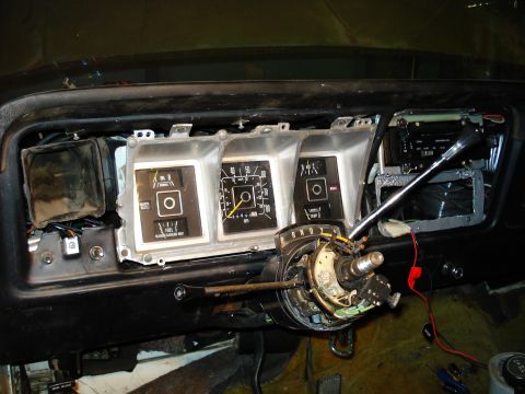 1979 Ford Bronco - Interior view of a 1979 Ford Bronco dashboard, highlighting the instrument cluster and steering column.