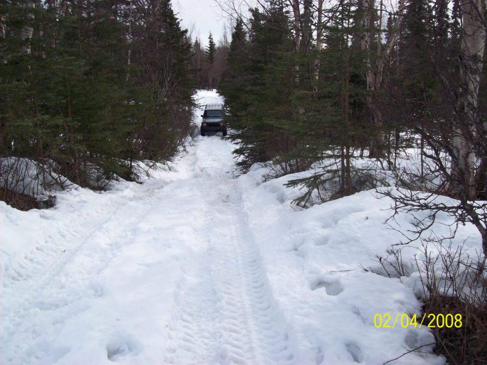 SUV driving on a snow-covered forest road with tire tracks visible