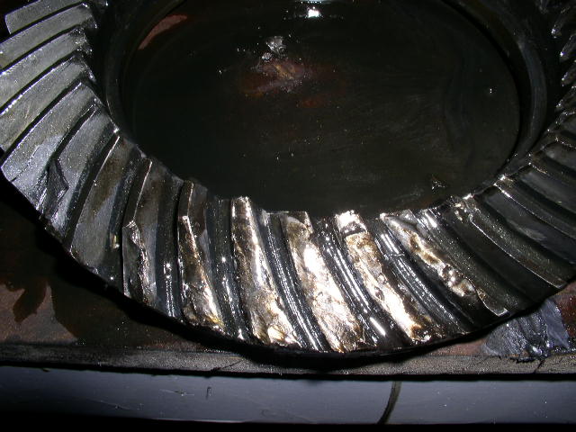Damaged differential gear with chipped teeth and oil