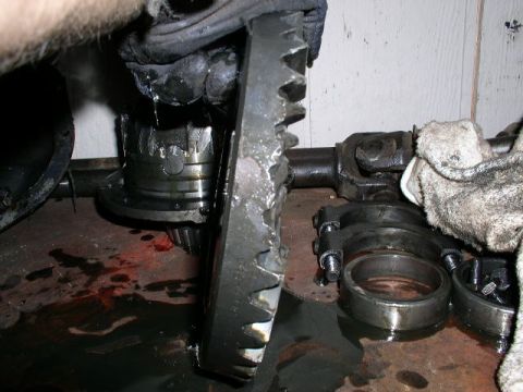 1979 Ford Bronco - Close-up of damaged differential gears and drive shaft components, with red fluid spilled around them.