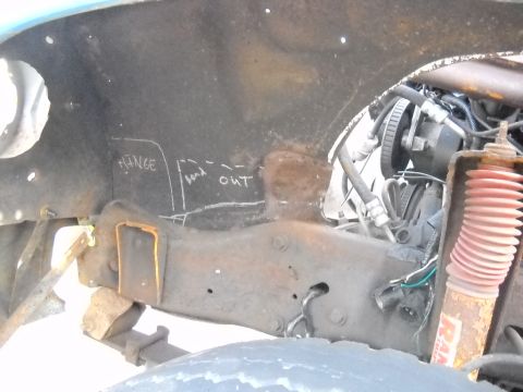 1954 Ford F-100 - This shot shows how it fits to the inside of the frame. Never mind the markings on it those were from when I was test fitting them on the 7…